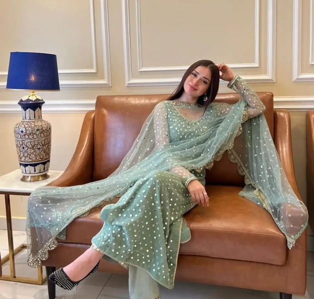 Hiba Bukhari Pure Chiffon 9mm Sequence CS-7009-Piesta green