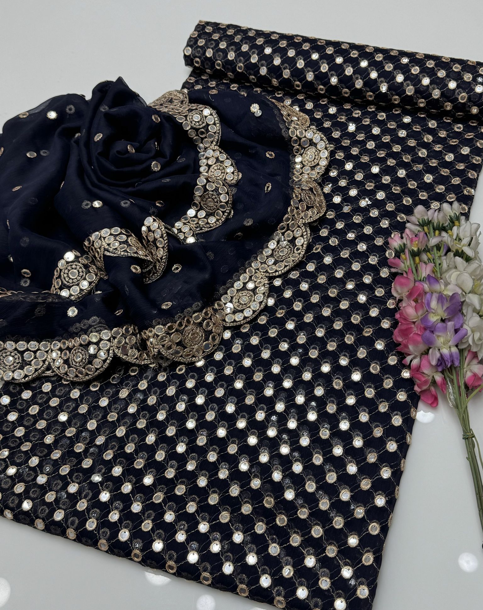 Hiba Bukhari Pure Chiffon 9mm Sequence CS-7010-Nevy Blue